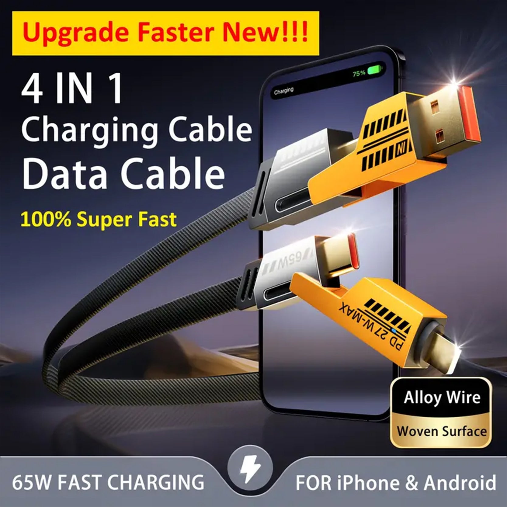 4-in-1 65W Fast Charging Cable – High-Quality Cable for iPhone, Android & Type-C
